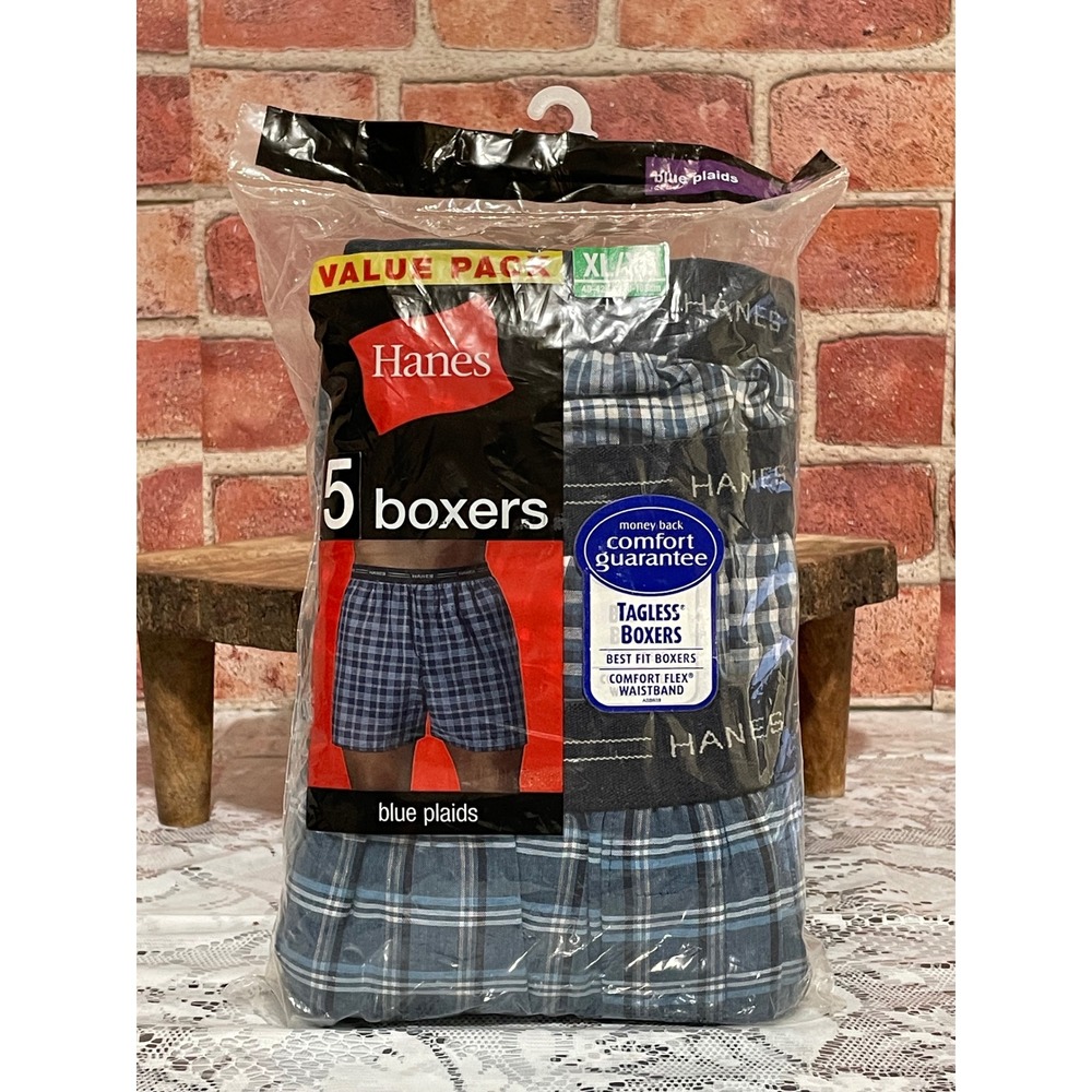 Hanes Mens 5 Pack Blue Plaid Tagless Boxers Comfort Flex Waistband XL 40-42